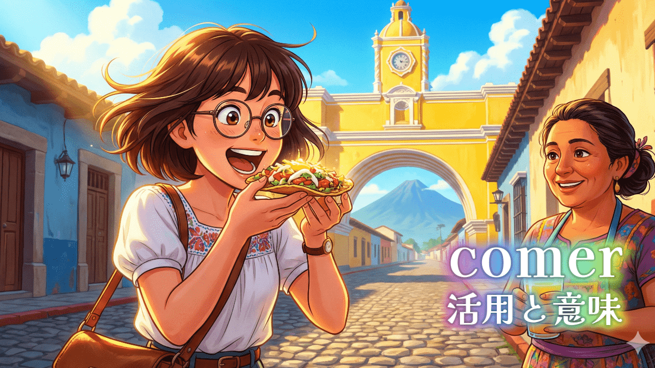 アンティグアのArcoの前でトスターダを食べようとしている女性のイラスト