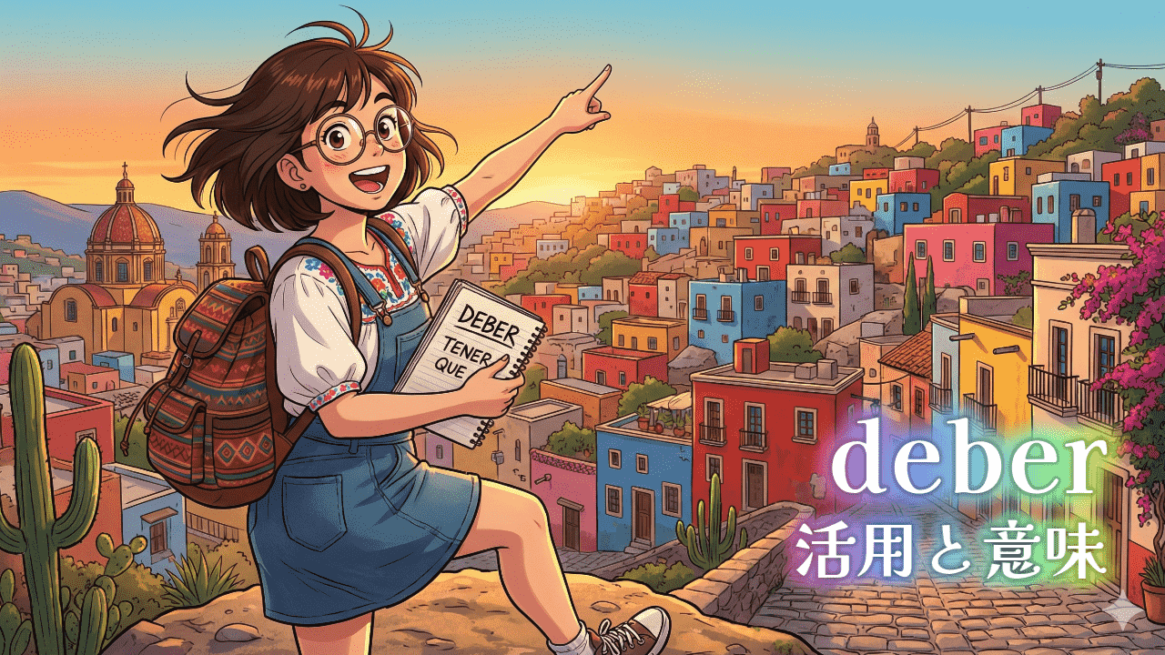 グアナファトの街並みが見える丘にいる女性のイラスト