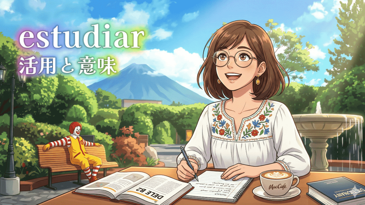 アンティグアのマクドナルドの中庭でスペイン語の勉強をする女性のイラスト