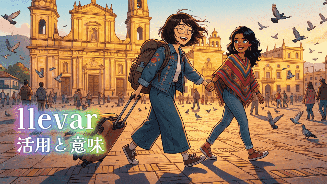 ボゴタのボリバル広場で友人と仲良く歩く女性のイラスト