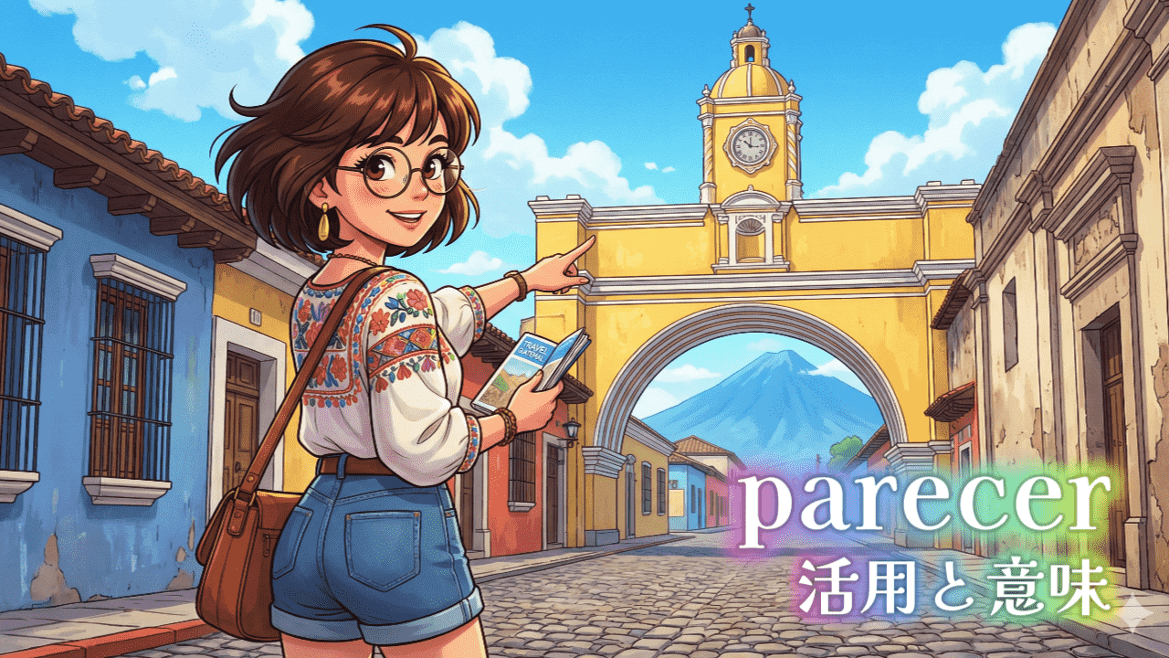 アンティグアのアルコ・デ・サンタ・カタリーナを指差してこれはどう？と伺っている女性のイラスト