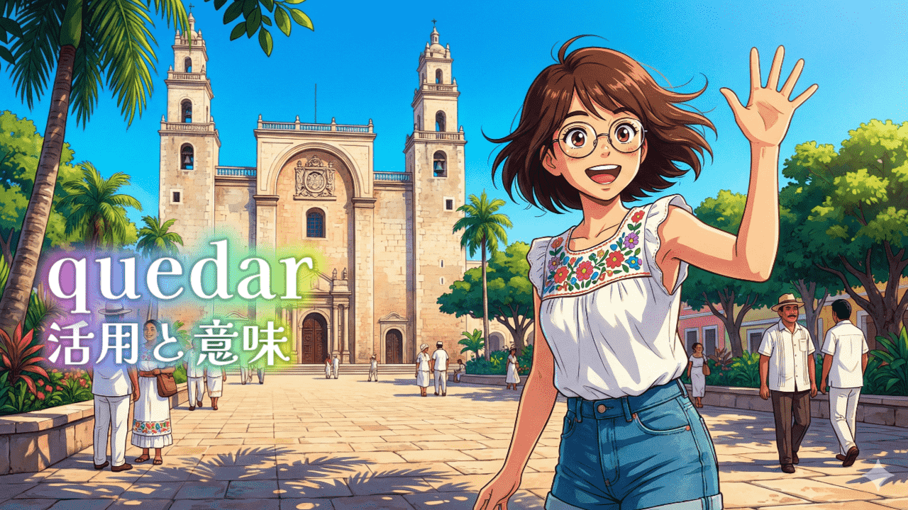 メリダの中央広場で待ち合わせ相手を見つけて笑顔の女性のイラスト