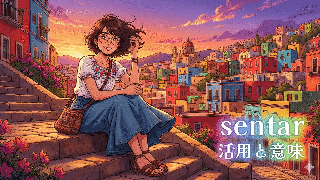 石造りの階段の中腹に、リラックスした様子で腰掛けている女性のイラスト