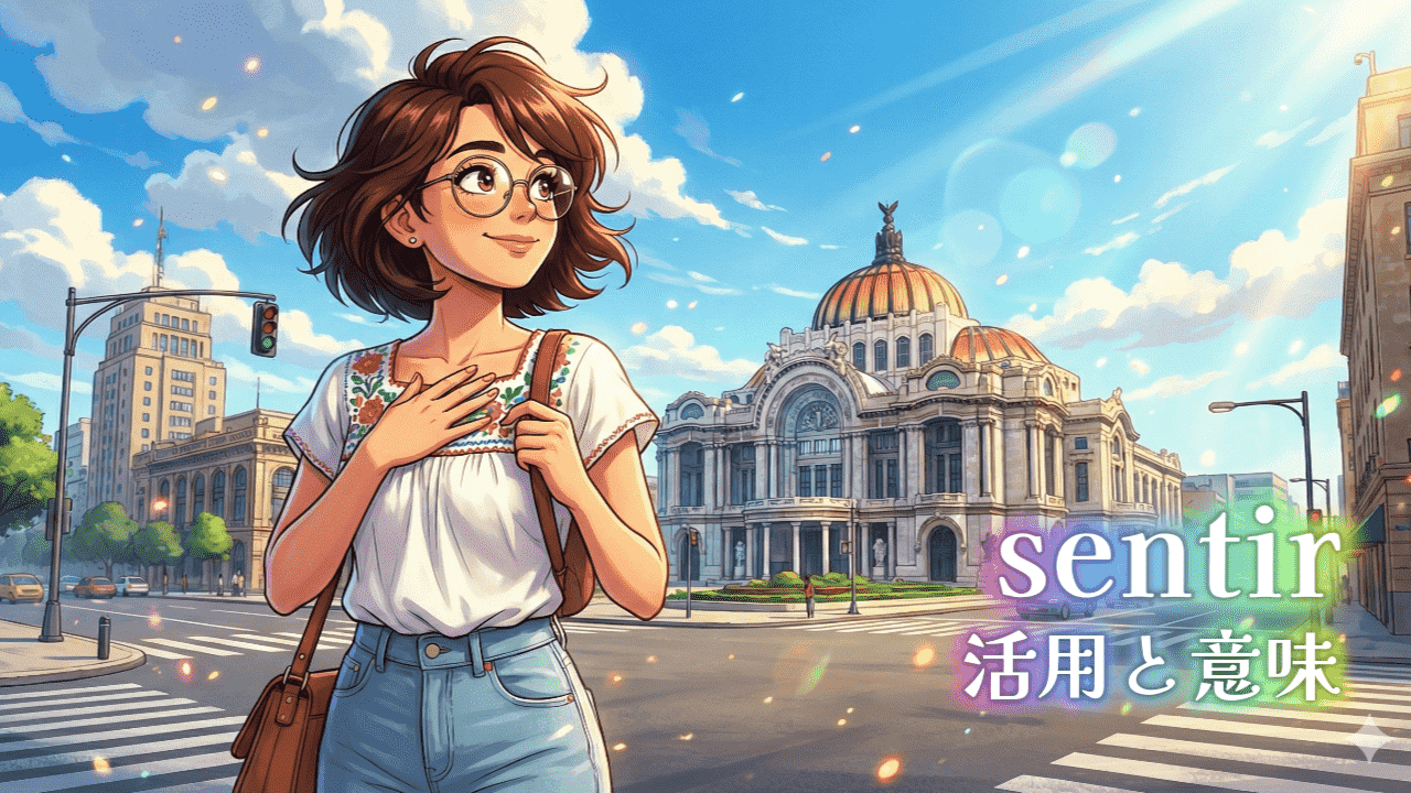 ベジャス・アルテス宮殿前で幸せそうな表情をしている女性のイラスト