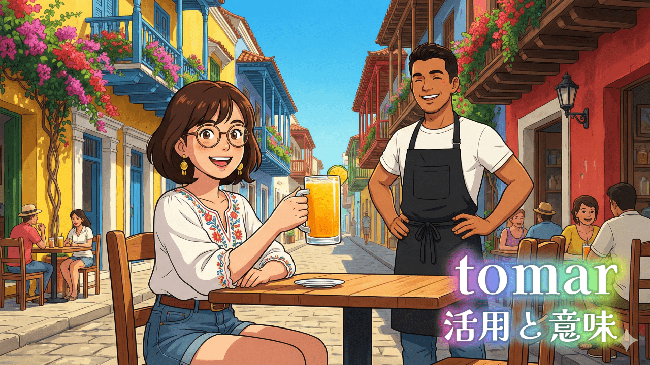 コロニアル様式の建物が並ぶカフェでジュースを飲もうとしている女性のイラスト